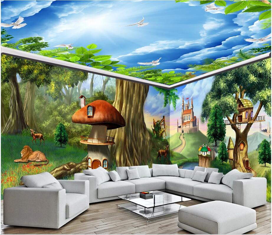 

Custom 3d photo mural wall stickers Fantasy fairy tale forest animal castle whole house background painting wall paper for kids room, Non-woven
