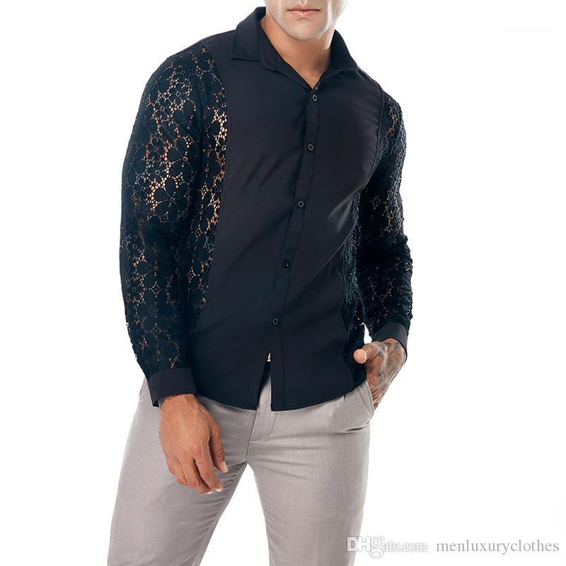 Voir à travers Hauts manches longues Mens New Style T-shirts pour hommes Designer dentelle Mode Chemises Turn Casual Col Bas