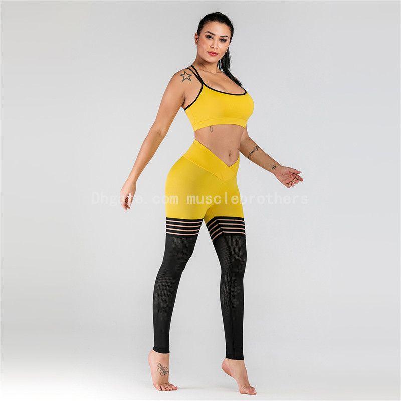 

Yellow Color Women Sport Suit High Quality Women Yoga Set Professional Sports Running Sexy Fitness Bra Set Two-piece Stretch Yoga Suit, As show