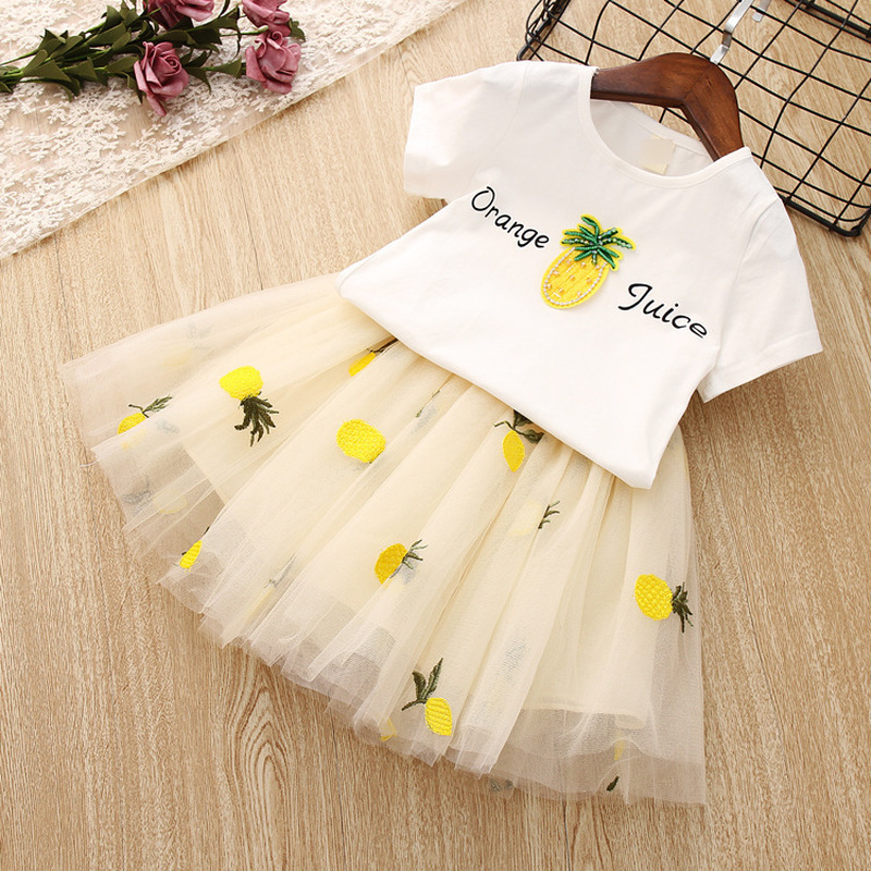 

New Summer Girls Clothes White Pineapple T-shirt Tutu Skirts Children Clothing Set Fashion 3 4 5 6 7 8 Year Kids Suits, Pink