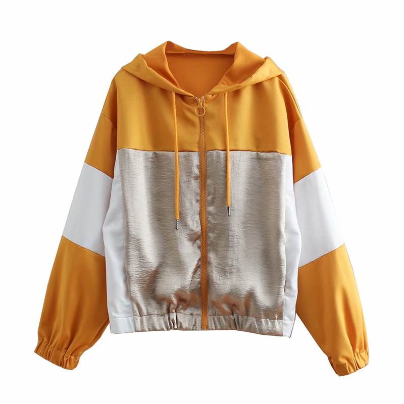 

2019 Spring Autumn Hooded Female Bomber Jacket Casual Basic Coat Patchwork Baseball Jacket Female Big size Loose Outerwear Women, Yellow