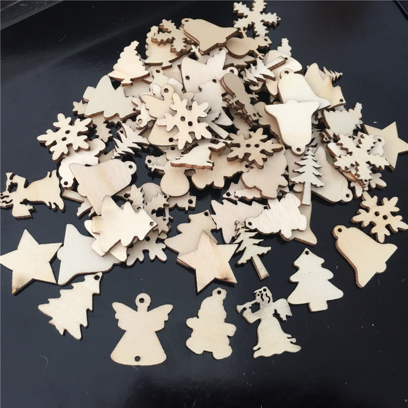 

50Pcs/Lot Natural Wood Christmas Tree Ornaments Pendant Snowflakes Bell Santa Snowman Deer Xmas Home Wedding Decorations 62081