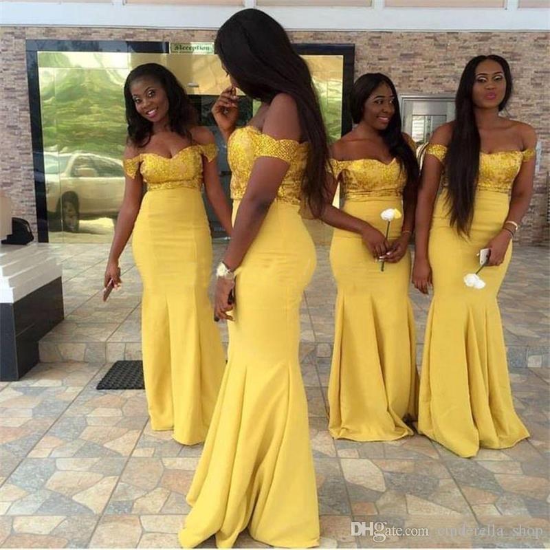 

Yellow African Mermaid Bridesmaid Dresses Off the Shoulder Lace Top Long Country Wedding Guest Gowns Maid Of Honor Dress Plus Size