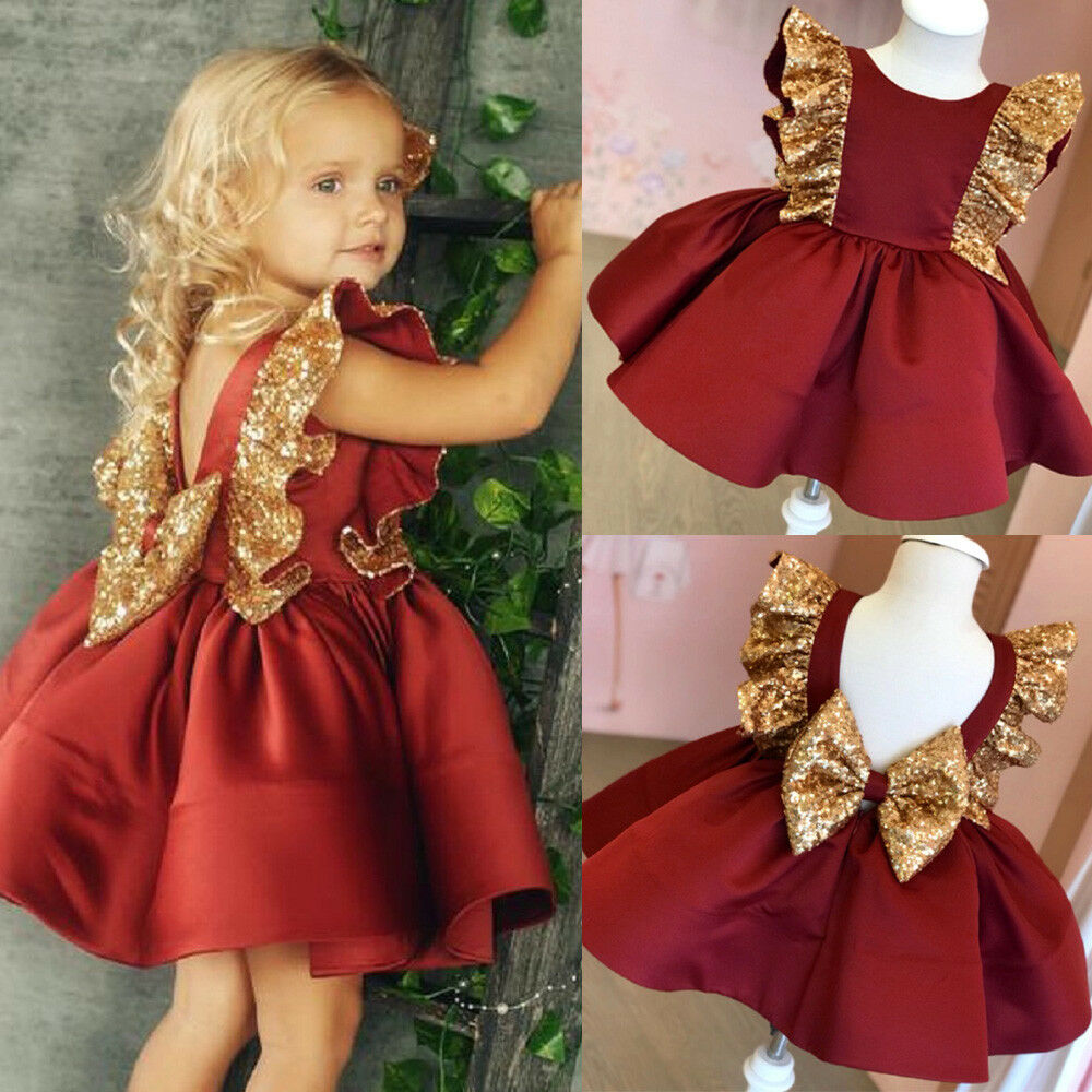 

US Lovely Toddler Baby Girl Sequin Bowknot Dress Wedding Party Princess Dress, Red