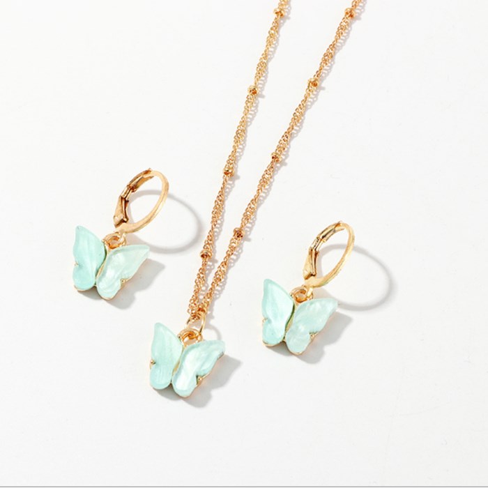 2020 New Bohemian Candy Color Butterfly Pendant Necklaces Earring Set For Women Trendy Beads Chian Clavicle Chian Fashion Jewelry
