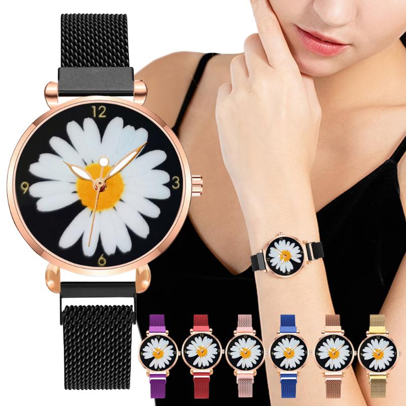 

Wristwatches Women Magnet Buckle Strap Flowers Daisy Dial Quartz Watch Simple Girlfriends Couple Birthday Gift Wrist, Black