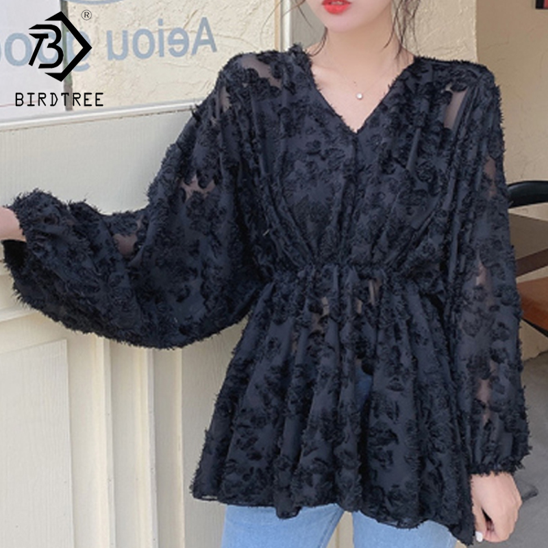 

Women Elegant Loose V Neck Batwing sleeve Elastic Waist Shirt Solid Blouse Plus Size 4XLTops 2020 Spring New T01417M, Black