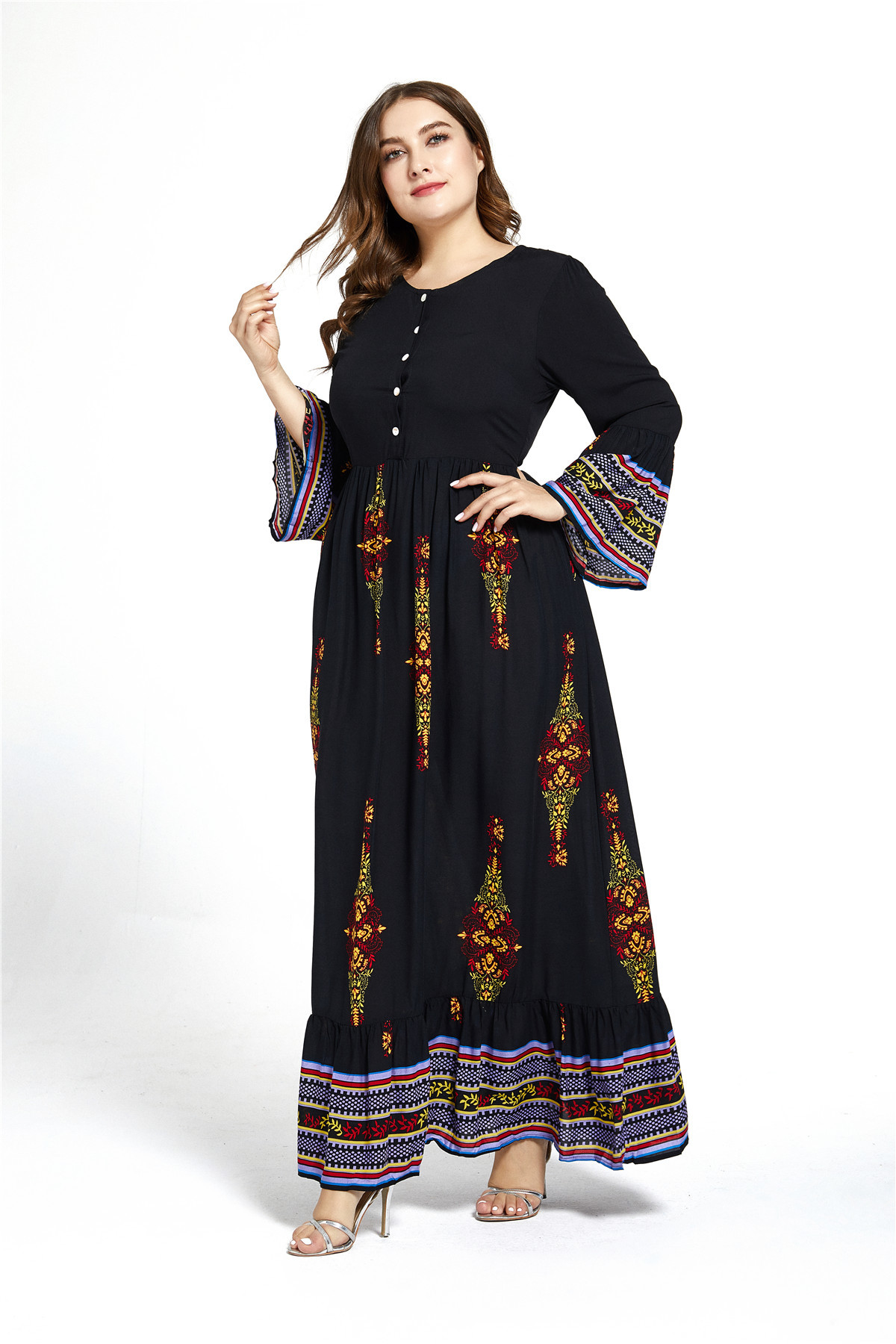 

European and American Plus Size Floor Length Women New Fashion Casual Dress Black Loose Long Sleeve Flower Printed Dress Long Sleeve, Black;gray