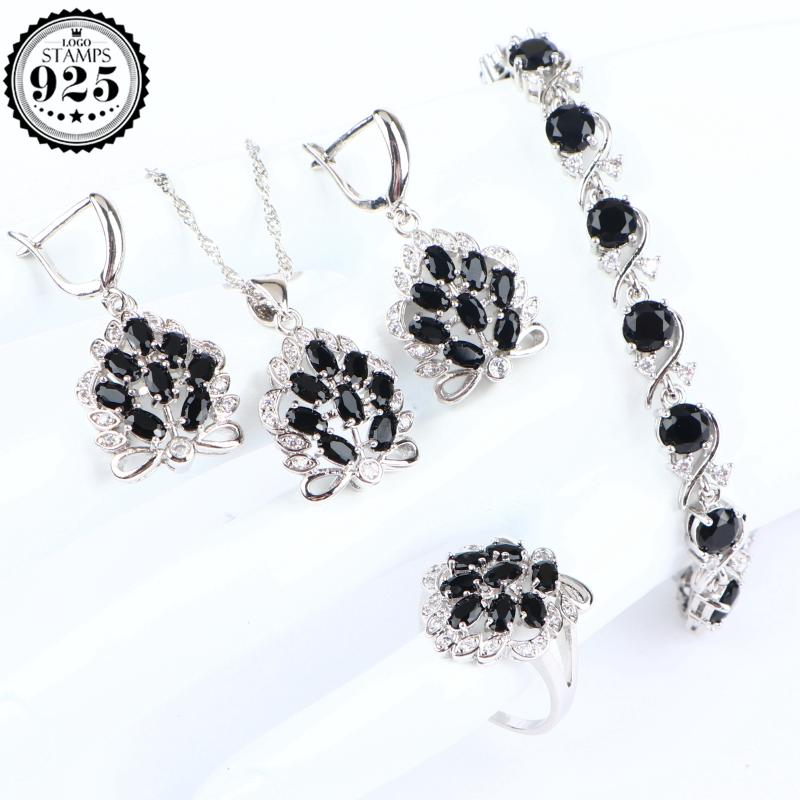 

Silver 925 Women Bridal Jewelry Sets Black Stones Zirconia Wedding Jewelry Bracelet Ring Pendant Earrings Necklace Set Gifts Box