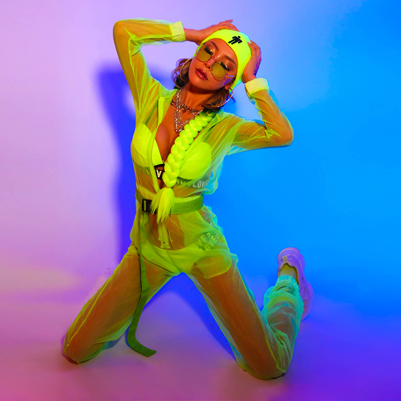 

Female Jazz Dance Costumes New Nightclub Bar Sexy Perspective Fluorescent Jumpsuit Bikini Female Hip Hop Street Dancewear DL6016, As picture