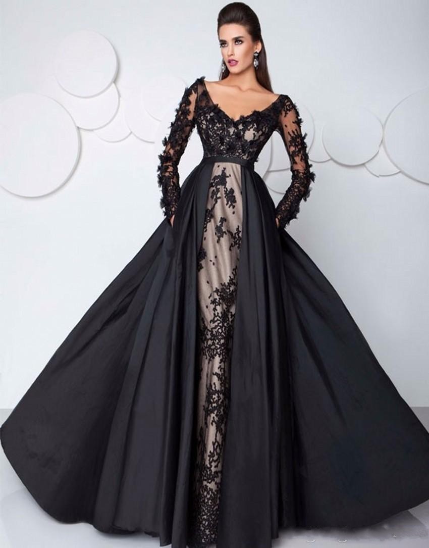 

Sexy Deep V Neck Evening Dresses Long Sleeve Lace Applique 2020 Prom Dress with Pockets Special Occasion Party Gowns, Silver