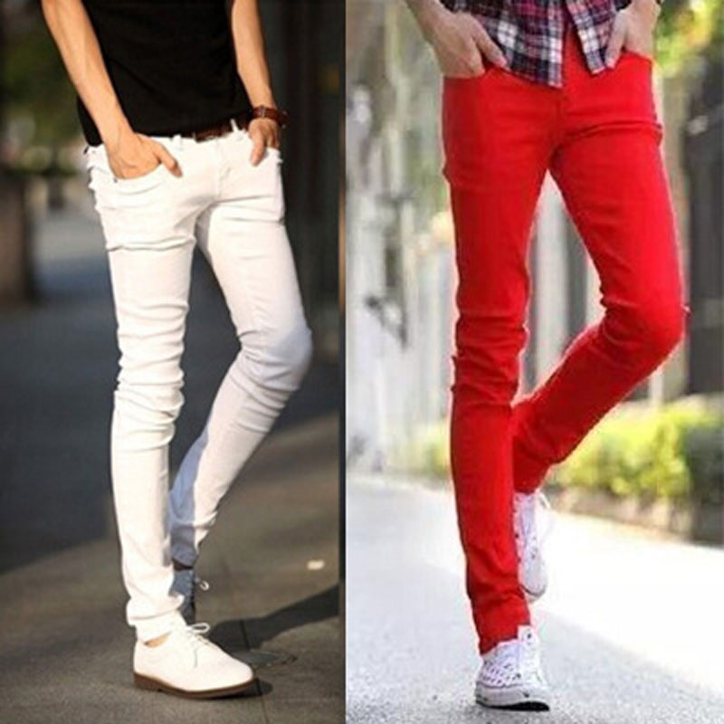 

New 2020 Fashion Denim trousers student white and red youth slim type small feet jeans men summer Korean trend thin pencil jeans