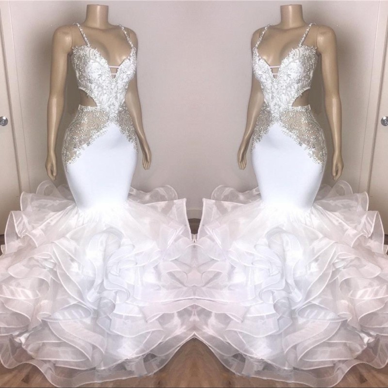 

Sexy Spaghetti Straps Mermaid Prom Dresses 2020 Lace Applique Tiered Ruffles Beaded Formal Evening Party Gowns Black Girls, White