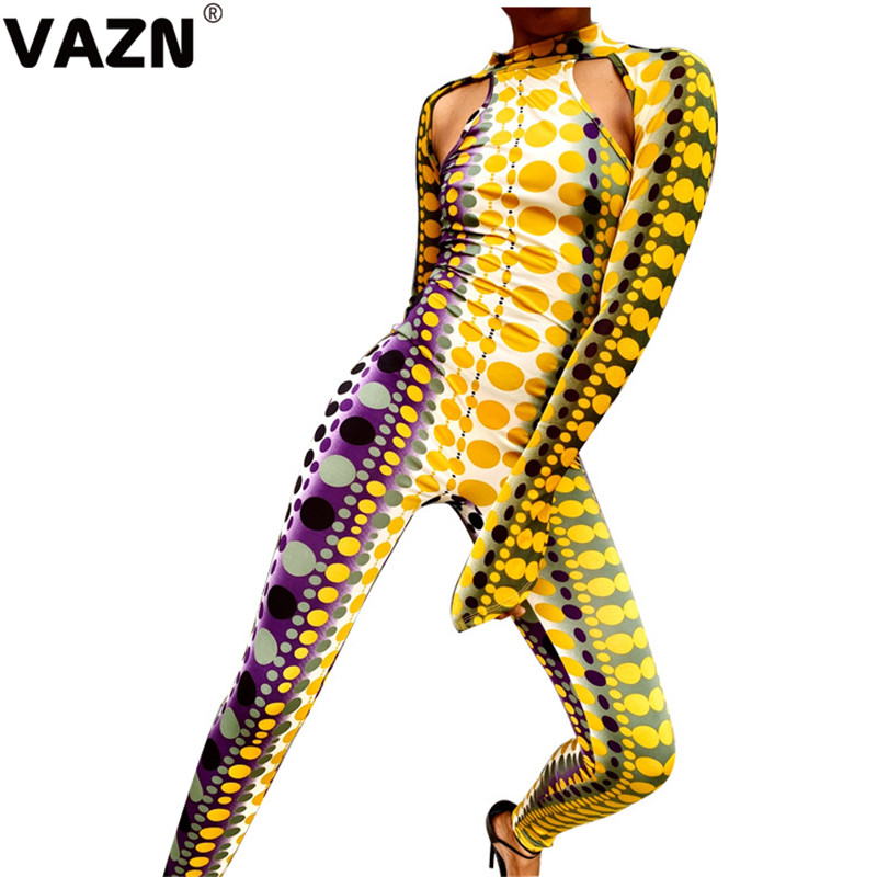 

VAZN New chic 2020 spring sexy lady yellow print long jumpsuit full sleeve O-neck skinny special jumpsuit high street jumpsuits