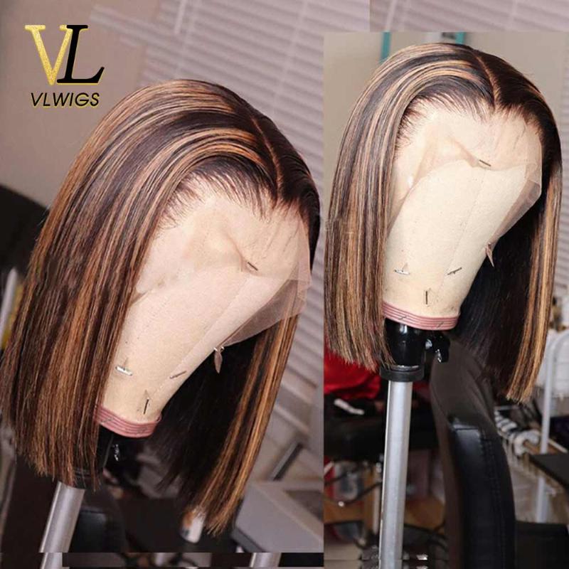 

VLwigs Omber Blonde Highlight Color Pre-Plucked Hairline Short Bob Brazilian Virgin Human Hair Straight Bob Glueless Wig ZCX01, 4/30hl