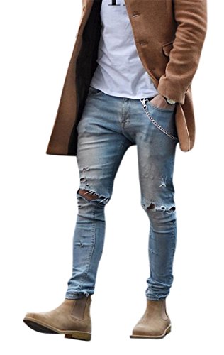 

OKilr Pjik Men's Vintage Skinny Fit Destroyed Cotton Denim Jeans with Knee Open Rips, Denim blue