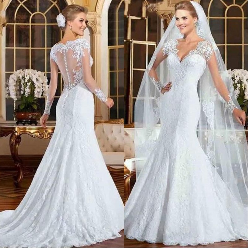 

Vintage Full Lace Wedding Dresses Sheath Formal Long Sleeves Bridal Gowns with Beading Beads V Neck Covered Button, White