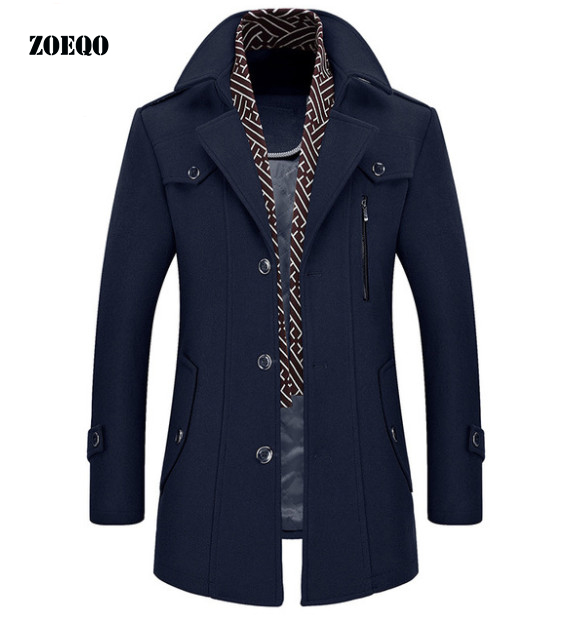 

New Winter Wool Coat Slim Fit Jackets Mens Casual Warm Mens Long Woolen Jacket and coat Men Pea, Brown