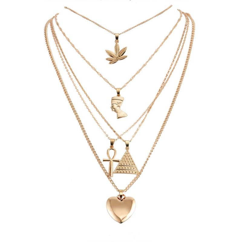 

BUTEELUVV Hip Hop Rock Punk Sweater Chain Gold Necklace Egyptian Pharaoh Pyramid Heart Pendant Necklaces For Women Jewelry