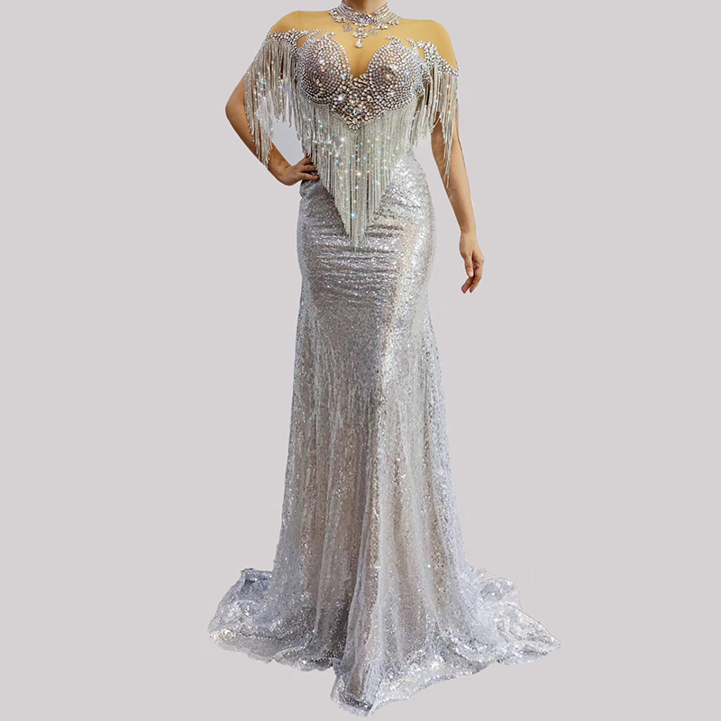 

Silver Rhinestones Tassel Skinny Dress Fashion Women Singer Stage Costumes Birthday Celebrate Dresses Evening Party Wear DJ1933, As picture