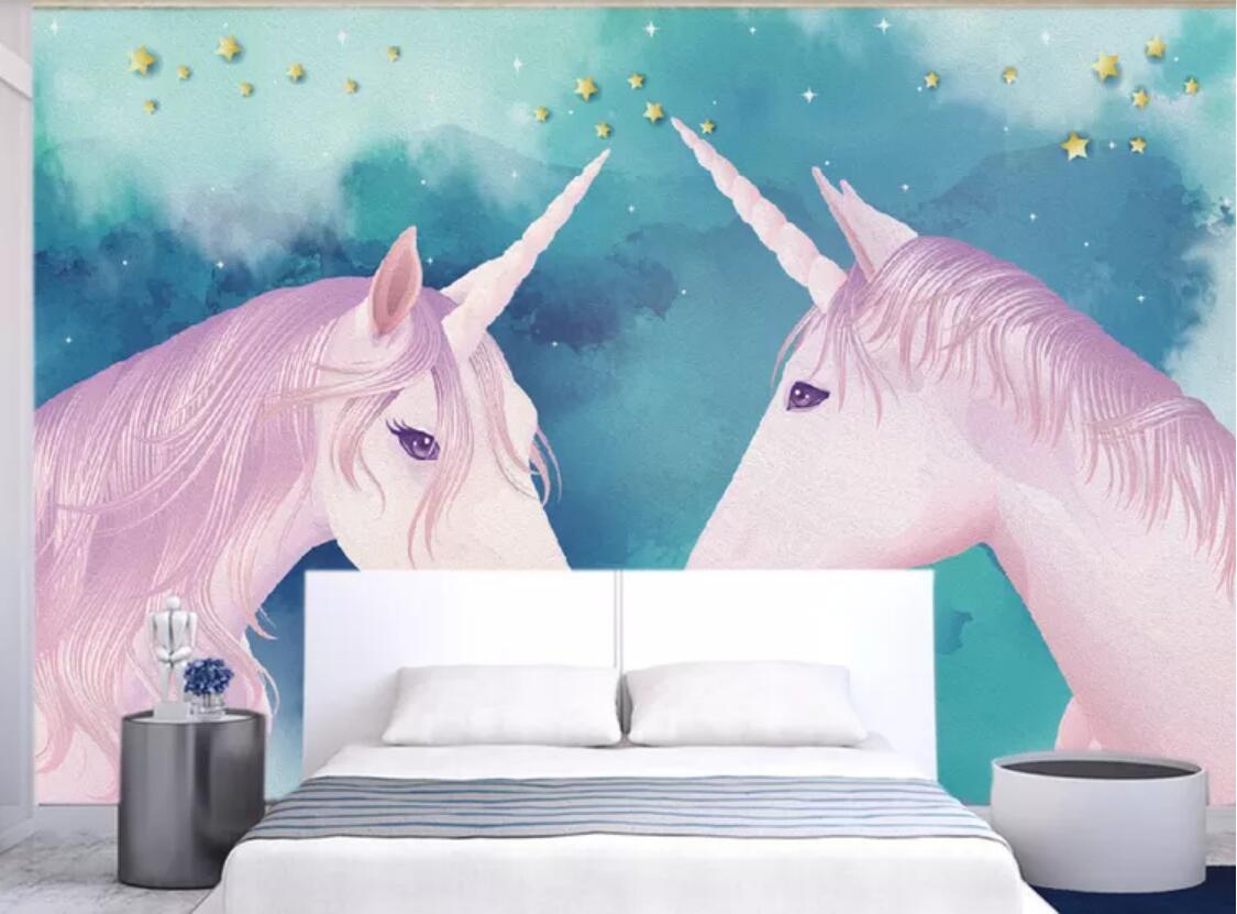 

3d room wallpaper custom photo non-woven mural European retro hand drawn unicorn oil painting starry sky background wall art canvas pictures, Picture shows