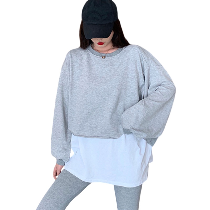 

Fake Two-piece Hoodies Women Loose Sweatshirts Pullover Long Sleeve Casual Solid Color Korean Fleece Pullover Tops, Black