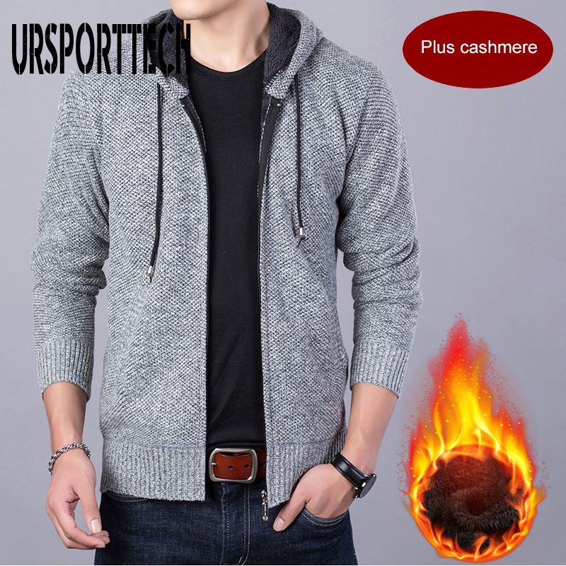 

URSPORTTECH Mens Fleece Zipper Hooded Sweater Coat Men Spring Autumn Plus Velvet Jacket Thicken Warm Casual Knitted Cardigan 3XL, Blue