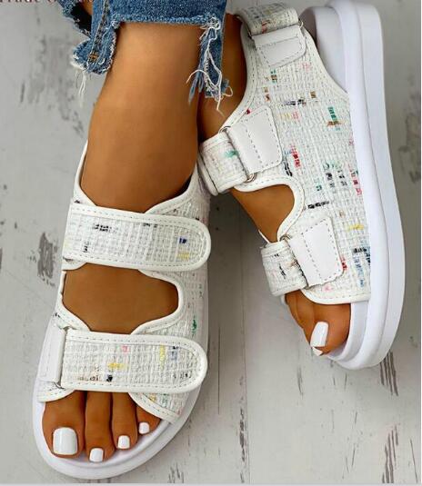

New2020 Women's Summer Sandals Roman Women's Open Toe Shoes Rhinestones Flat Shoes Bohemian Comfortable Fish Mouth Beach Sandals, White
