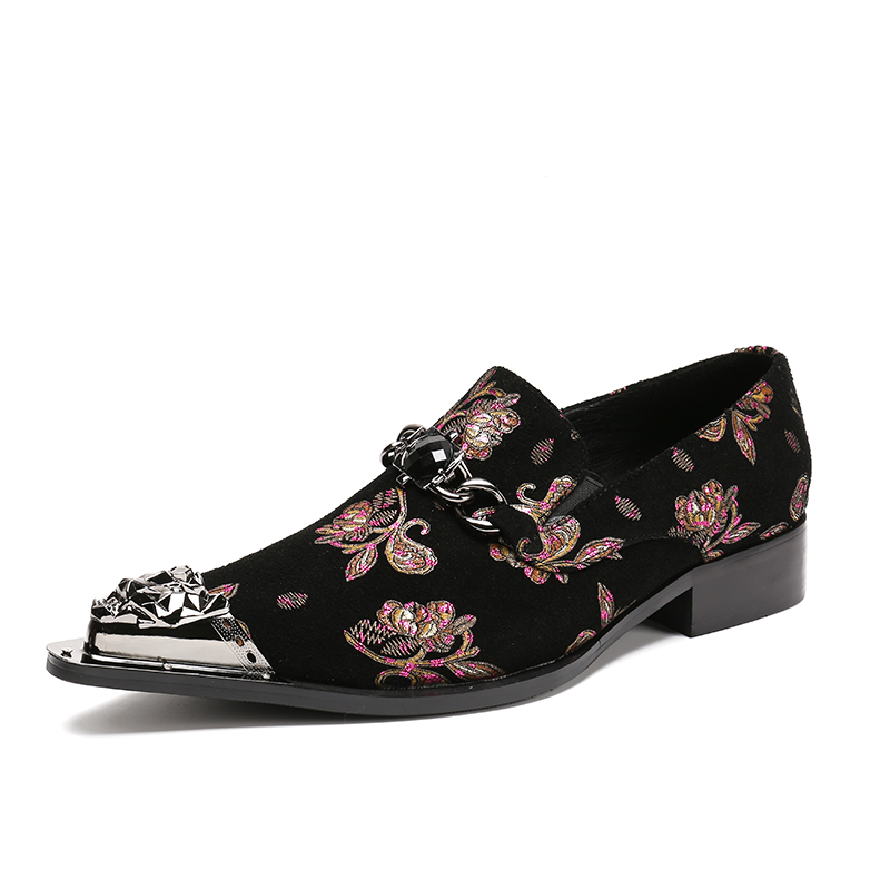 

Mens Floral Printed Fashion Crystal Dress Male Metal Pointed Toe Genuine Leather Office Party Shoes Banquet Black Footwear