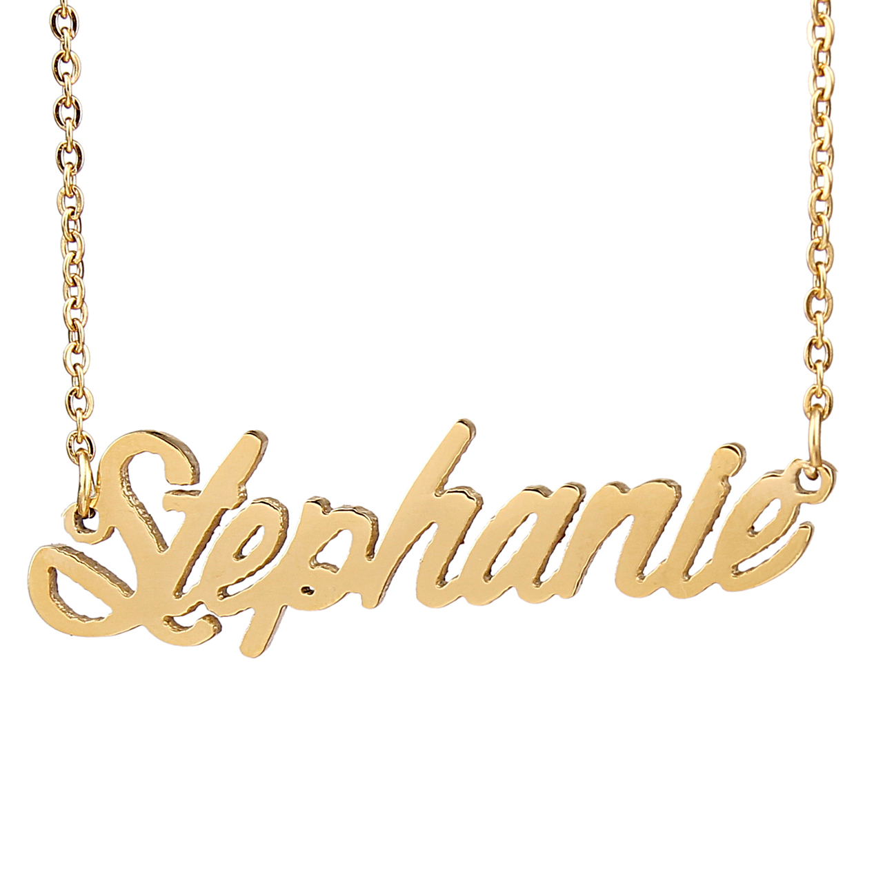 

Personalized custom 18K Gold Plated Stainless Steel Script Name necklace " Stephanie " Charm Nameplate Necklace Jewelry gift NL-2430