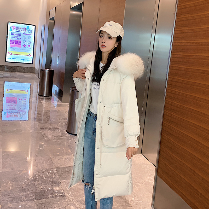 

White Duck Down Coat Winter Coat Women Big Fur Collar Puffer Jacket Hooded Down Jacket Casaco Kurtka Damska 1938 YY1375, Black