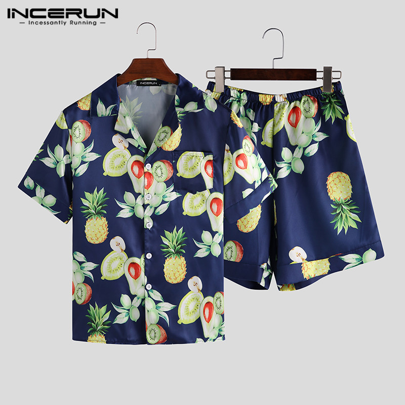 

INCERUN Summer Men Sleepwear Sets Silk Satin Fruit Printed Pyjamas Homewear 2019 Short Sleeve Tops & Shorts Pajamas Sets -5XL, White