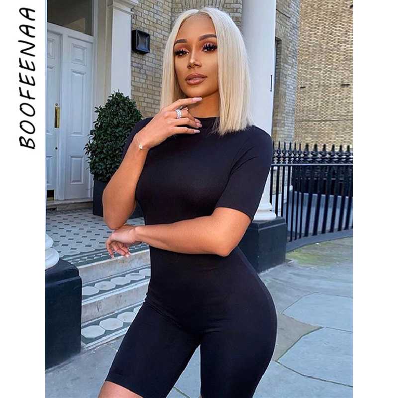 BOOFEENAA 2020 Summer Active Fitted Jumpsuit Women Sexy Short Sleeve Biker Short Romper Fitness Playsuit Lounge Wear C87-AB01