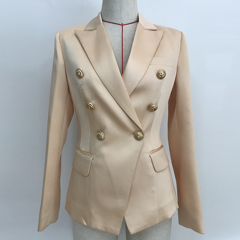 

Premium New Style Top Quality Original Design Women's Double-Breasted Champagne Blazer Slim Satin Jacket Metal Buckles Blazer Outwear