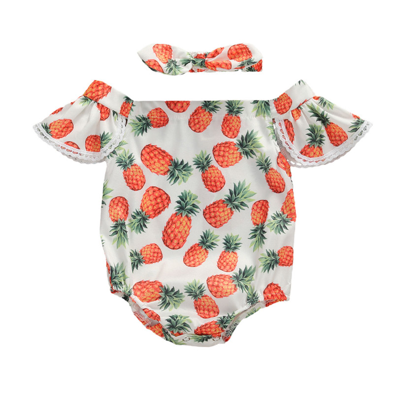 

PUDCOCO 2020 Cute Newborn Baby Girls Summer Romper Pineapple Print Short Sleeve Off Shoulder Jumpsuit with Headband 2Pcs 0-24M, As pic