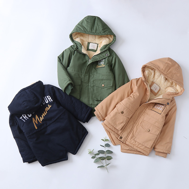 

Children's Cotton-padded Jacket 2020 Winter Letter Embroidery Plus Velvet Boy's Cotton-padded Jacket, Green