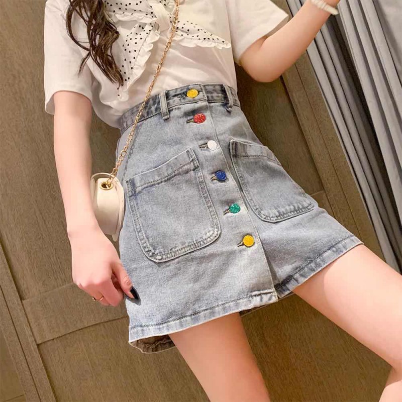 

Fashion Summer Women A-line Jeans Short Skirt Color Button High Waist Denim Pockets Skirt High Quality Jean