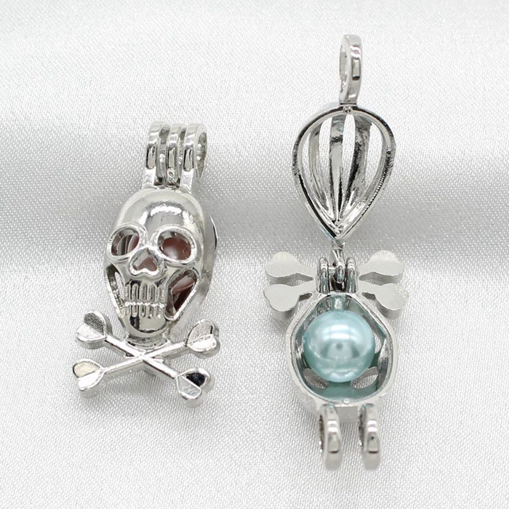 

10pcs Silver Skeleton Skull Head Oyster Pearl Cage Lockets Perfume Essential Oil Diffuser Cage Pendant Necklace Charms