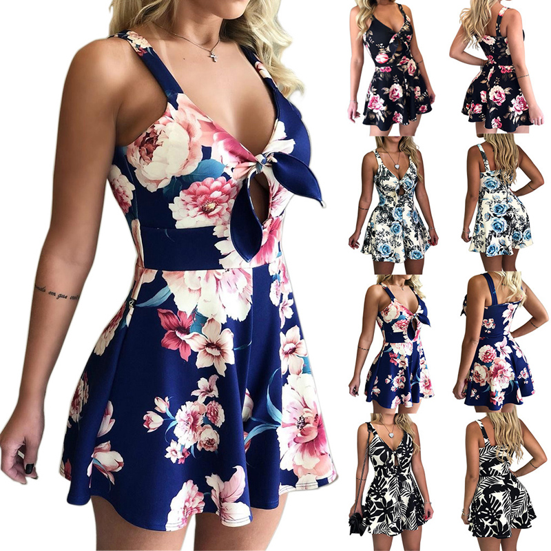 

Sleeveless Backless Bohemian Beach Rompers Femaler Print Floral Overalls Casual Short Summe Jumpsuit Women Sexy Mini Playsuit, Dark blue