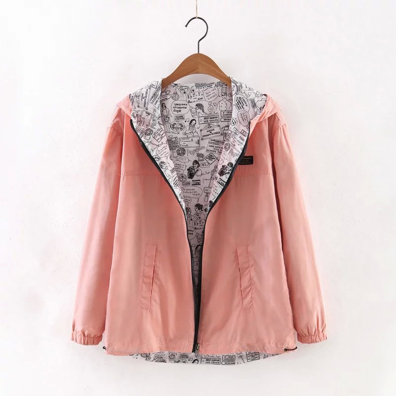 

Fashion Trend Autumn Women Basic Jacket Pocket Zipper Hoodies Designer Women Two Side Wear Cartoon Print Outwear Loose Coat, Pink
