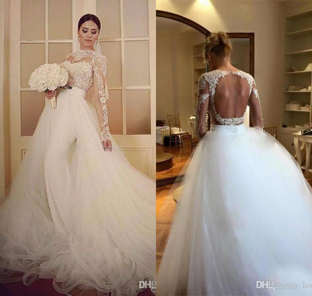 

2019 Elegant Mermaid Wedding Dresses with Detachable Train Tulle Long Sleeves Country Bridal Gowns Lace Applique Boho Wedding Dres, Silver