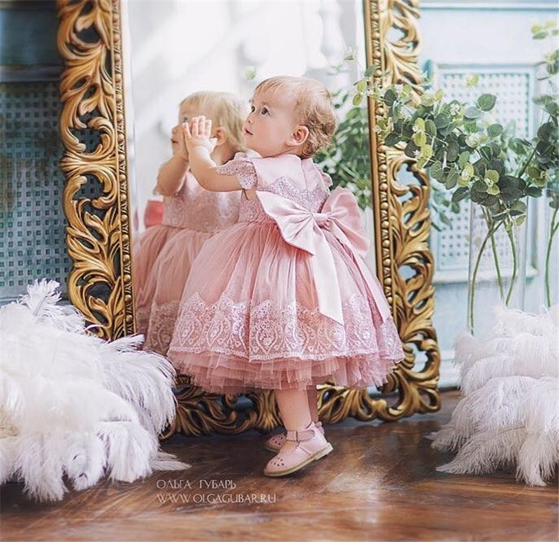 

Blush Pink Lace Flower Girl Dresses Length Tulle Little Girl Dresses for Birthday Kids Clothes Pageant Gown with Bow