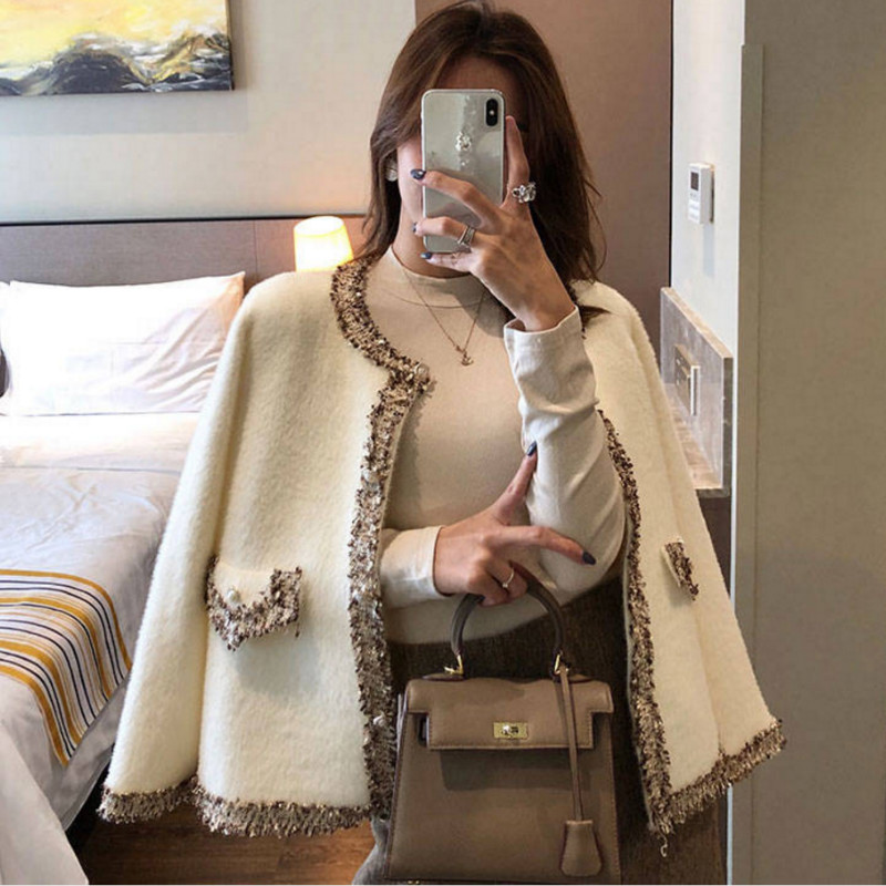 

Short Faux Coat Women Sequins Fluffy Bead Jacket, Beige