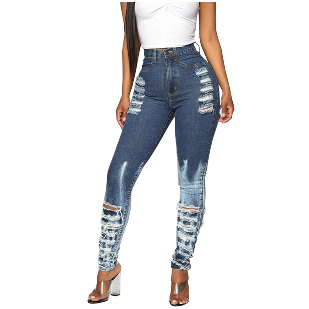

Jeans Women Elastic Hole Bleached Pocket Jeans Casual Denim Slim Tight Pencil Pants Women' Fashion #YB40, As pic