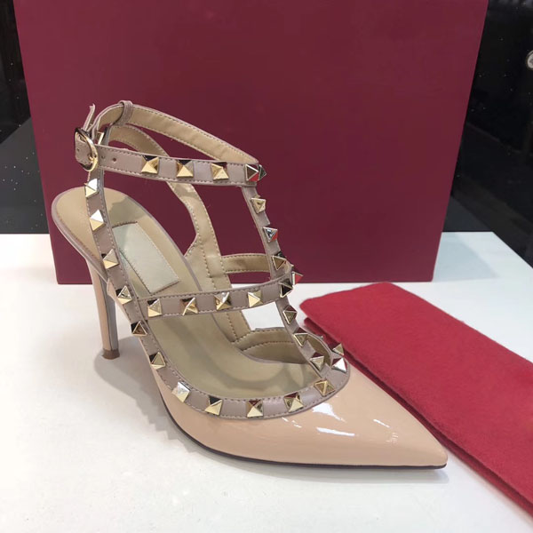

2019 women high heels sandals wedding shoes Patent Leather rivets Sandals Women Studded Strappy Dress Shoes v high heel Shoes +box, Black1