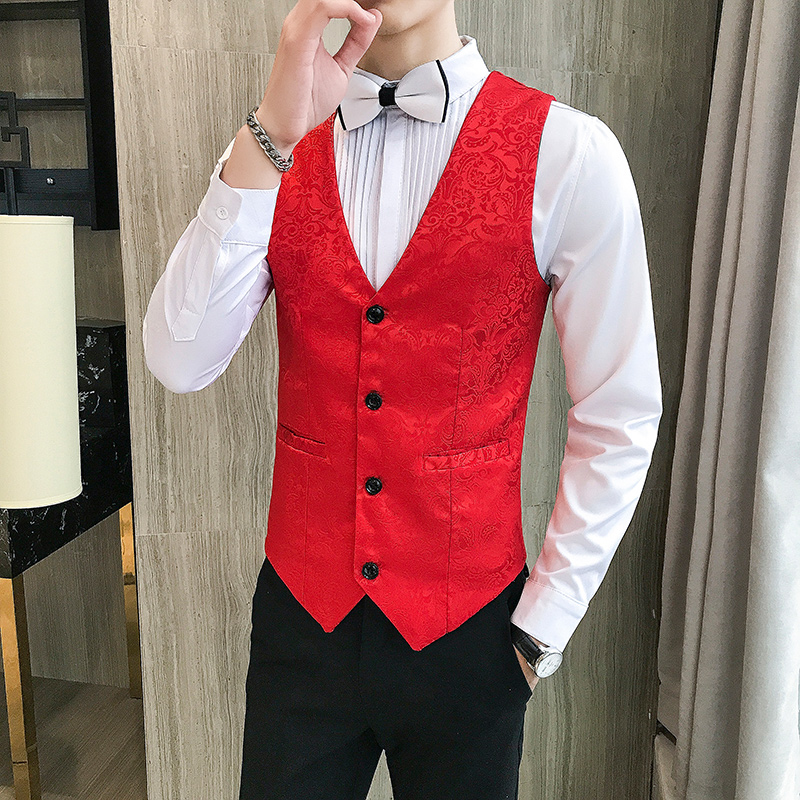 

Men Vest Embossing Single Breasted V-neck Waistcoats Mens Slim Suit Vest Casual Sleeveless Jacket Vests For Wedding Groomsmen, Black