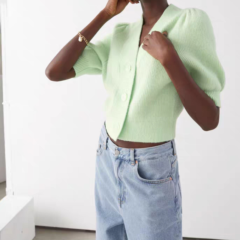 

2020 Summer sweater women puff sleeve cropped cardigan button up sweater v neck knit sweaters sexy ribbed cropped cardigan white, Green