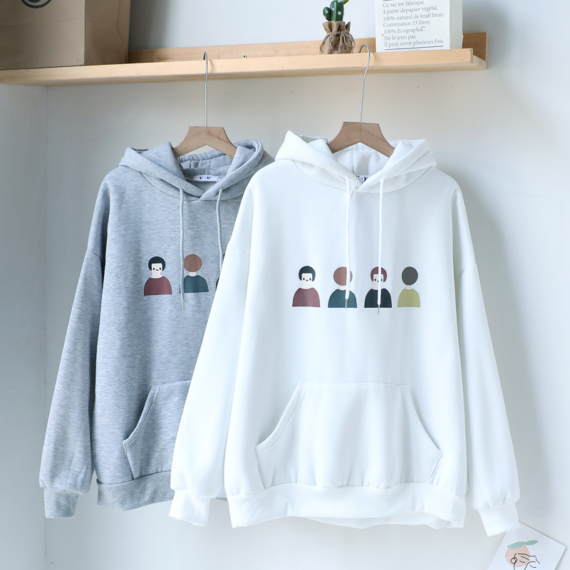 

Mooirue Women Loose Casual Sweatshirt Funny Printed Hooded Kawaii Korean Style Streetwear Pullover Harajuku White Gray Tops
