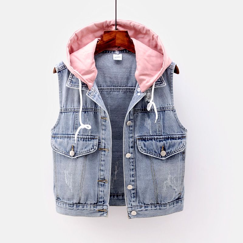 

2020 Spring Summer Fashion Denim Waistcoats Detachable Hooded Sleeveless Jacket Single-breasted Jeans Jacket Female Vest Tops, Gray