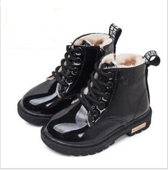 

Winter Childrens Shoes Kids Martin Boots High Sneakers PU Leather Boy Girls Baby Snow Boots Size 21-35, Black plush